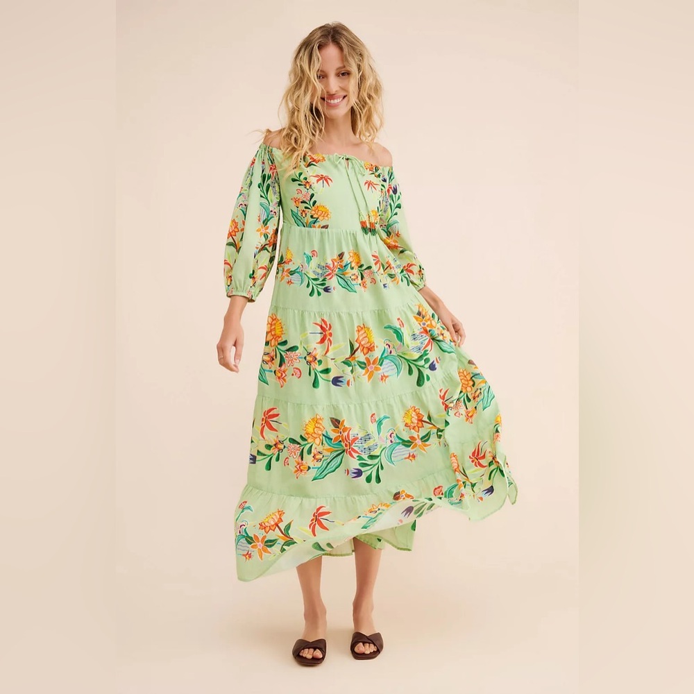 NWT Farm Rio x Anthropologie Off The Shoulder Tiered Floral Midi Dress - Picture 9 of 9